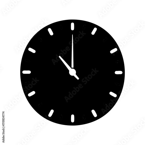 Simple black and white clock graphic displaying ten minutes to twelve