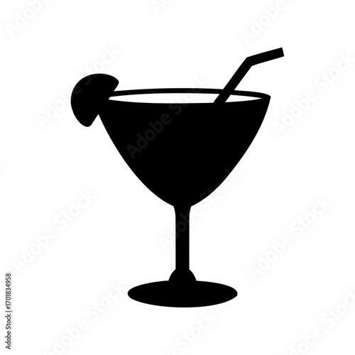 Black silhouette of a martini glass with straw and lemon slice