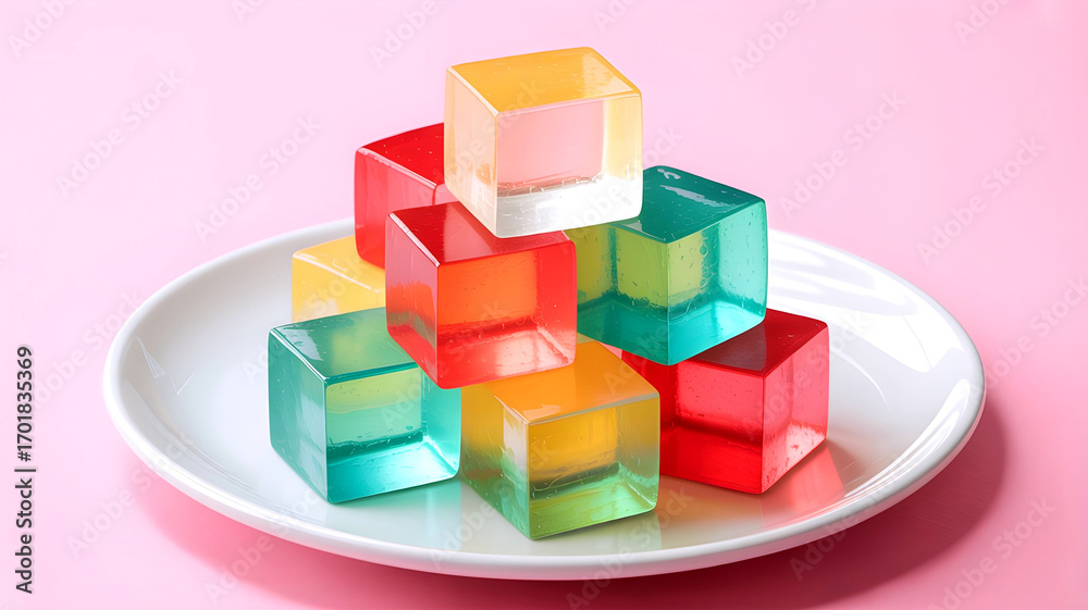 Obraz premium Bright jelly squares stacked neatly on a white plate, framed by a pastel pink setting