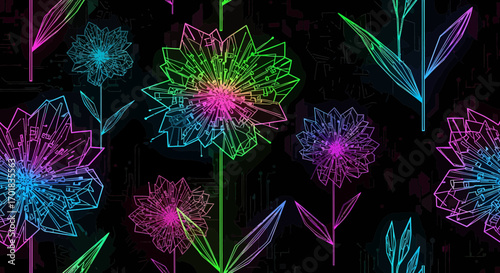 Geometric Floral Symphony Vibrant Seamless Pattern On Black Background