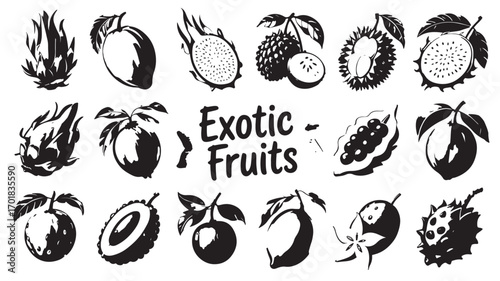 Collection of exotic fruits icons including mango dragon fruit rambutan and more representing summer freshness and healthy eating