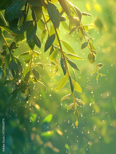 Sunlight filtering through lush green leaves, creating a serene and vibrant natural scene
