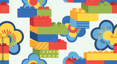 Seamless Pattern With Bright Colors Bricks And Flowers On Light Background