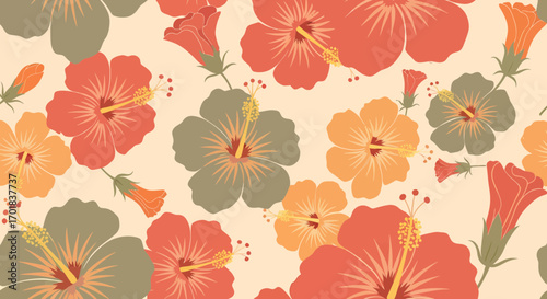 Tropical Hibiscus Flower Pattern With Earthy Tones For Textile Design