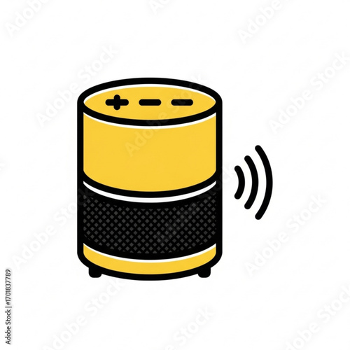 Vector art of yellow cylindrical smart speaker with volume controls and sound waves