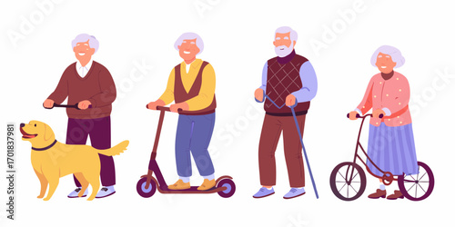 Active senior citizens enjoying outdoor activities with a dog and personal transportation devices
