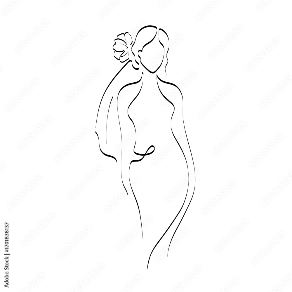 Fototapeta premium Continuous line drawing of a girl in a wedding dress and vail. Silhouette of the bride. Minimalist black linear sketch isolated on white background. Hand drawn vector illustration.