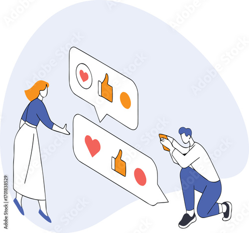 People interacting with social media likes and hearts in chat bubbles