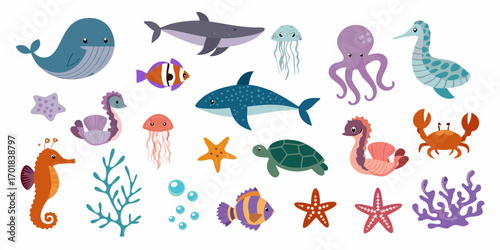 Collection of cute cartoon sea creatures and marine life with coral and bubbles