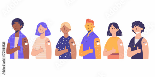 Diverse group of people showing off their vaccination band aids and giving a thumbs up
