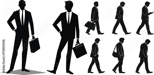 Black and white vector illustration of business people walking and standing in suits