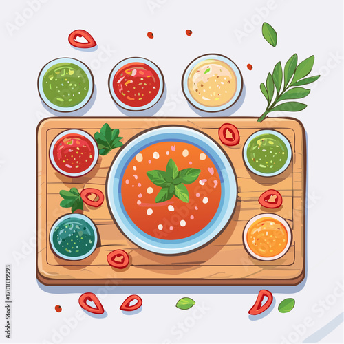 Tomato Soup with Various Sauces on Wooden Board