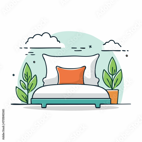 Teal Bed With Orange Pillow And Potted Plants Line Art Illustration
