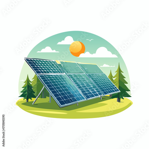 Solar Panel Array in Green Field with Trees Under Bright Sun