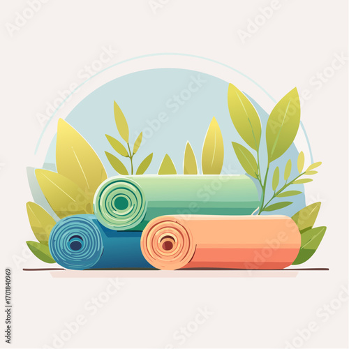 Three Rolled Yoga Mats in Pastel Colors with Leaves