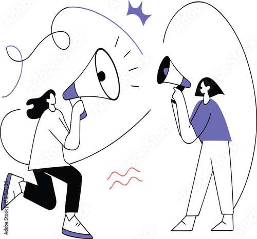 Two people communicating with megaphones in a stylized illustration