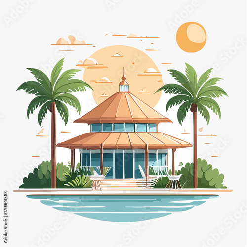Pixel Art Tropical Resort with Palm Trees and Sunset
