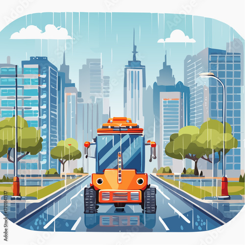 Orange Street Sweeper Truck Cleaning Rainy City Street