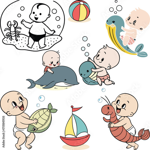Cute Baby Cartoon Characters Playing with Sea Animals and Beach Toys