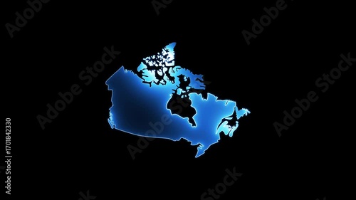 Blue glowing outline map of Canada on a black background geography country