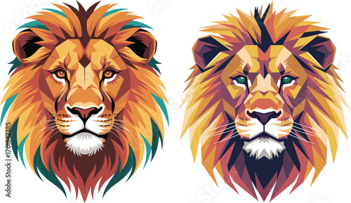 Two Lions in Geometric Style with Colorful Mane and Intense Gaze