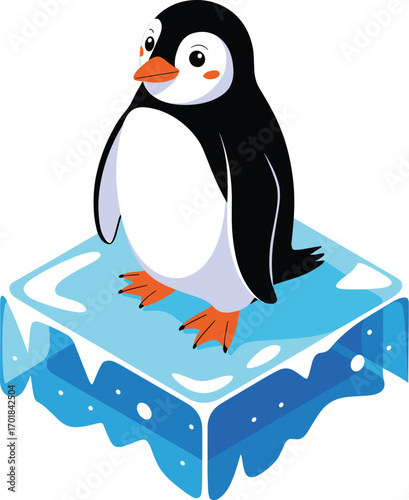 Cute Cartoon Penguin Standing on a Block of Ice Isolated on White