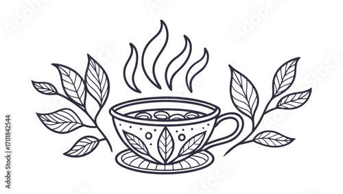 herbal tea cup with steam and leaves flat vector