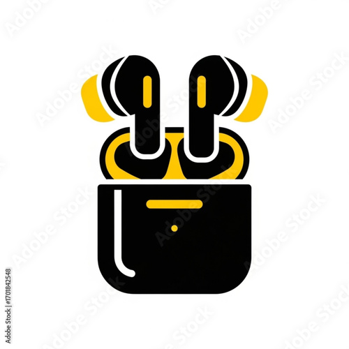 Vector art of wireless earbuds in charging case, modern technology icon