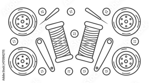 minimalist line art sewing kit with thread spools