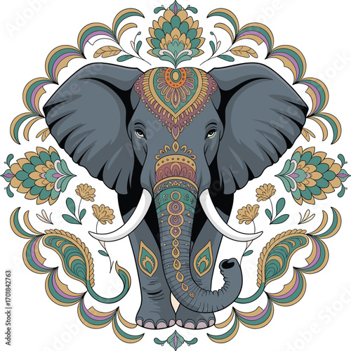 Elegant Elephant Illustration with Floral Mandala Design for Spiritual or Decorative Purposes