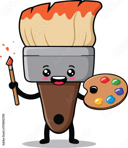Cartoon paint brush with face holding palette and brush blobs of paint beside