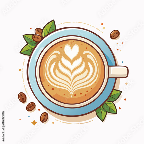 Blue Cup With Latte Art Coffee Beans and Leaves