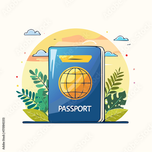 Blue Passport With Gold Globe Icon On Tropical Plants And Sunset Background