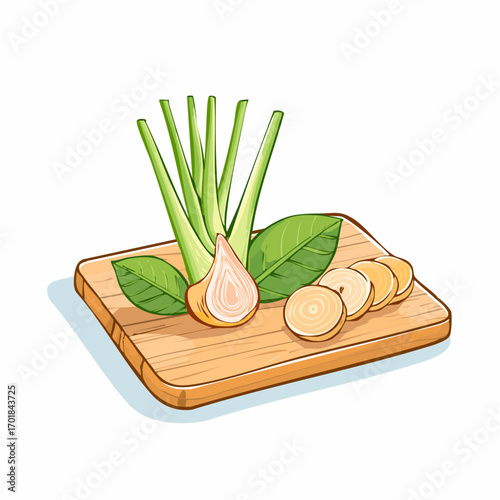 Lemongrass Stalks and Sliced Galangal on Wooden Cutting Board