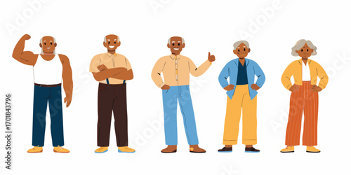 Diverse group of smiling elderly black men and women standing together in casual colorful clothing