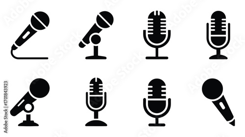 Vector art of collection of microphone icons, representing audio recording, podcasting, and voice communication technology