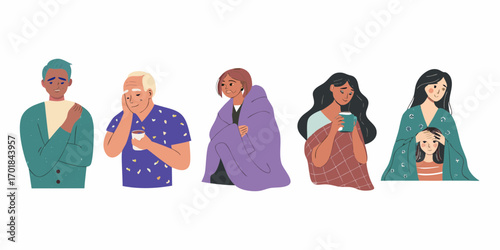 Diverse group of people experiencing discomfort and seeking warmth and comfort with blankets and warm drinks