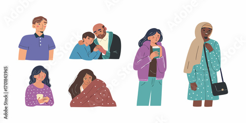 Diverse group of people in various poses and expressions representing different emotions and life situations