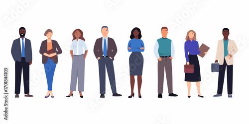 Diverse group of business professionals standing together in a line wearing professional attire