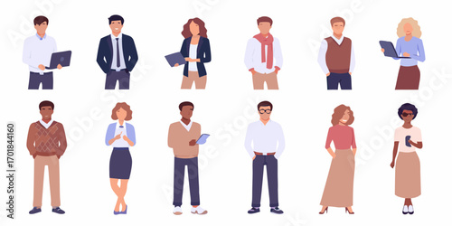 Diverse group of professional business people men and women in casual and formal attire holding devices and documents