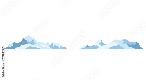 Two Mountain Ranges with Snowy Peaks in Light Blue Tones.