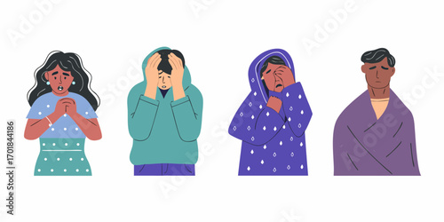 Diverse group of individuals expressing distress and sadness with hands covering faces and bowed heads
