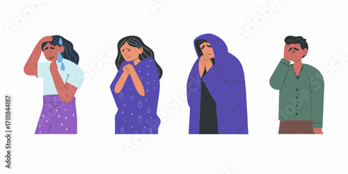 Diverse group of people displaying various emotions of sadness despair and distress with symbolic tears and gestures