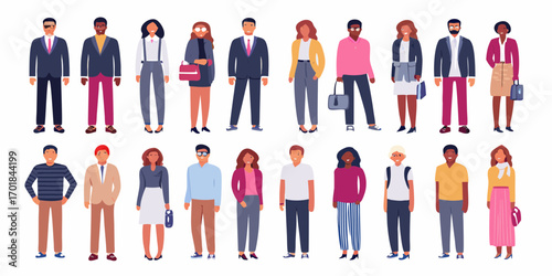 Diverse group of people in business casual attire standing together against a white background