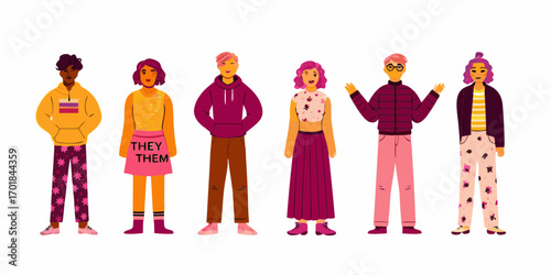 Diverse group of people standing together expressing gender identity and inclusivity with modern clothing styles