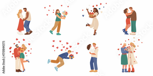 Diverse couples and individuals celebrating love and romance with gifts and flowers surrounded by hearts