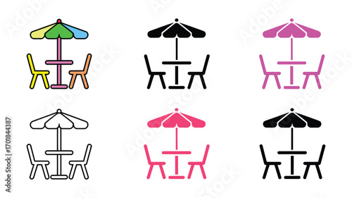 Vector art of outdoor cafe table and chairs with umbrella represents restaurant, dining, or leisure in a simple design