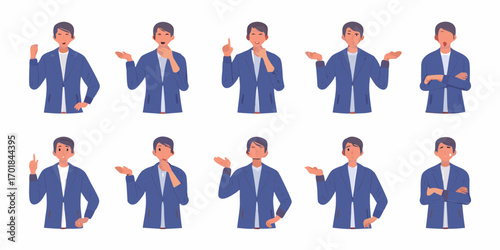 Collection of business man poses and expressions showing different emotions and actions