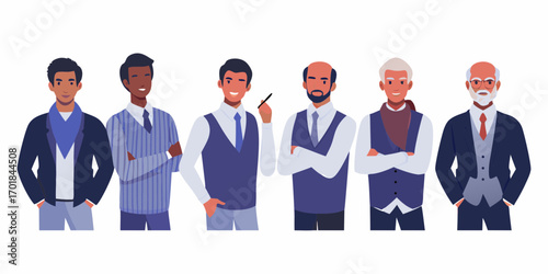 Diverse group of men in business attire standing together showcasing different ages and ethnicities