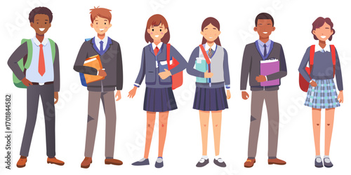 Diverse group of smiling students wearing school uniforms and carrying books and backpacks